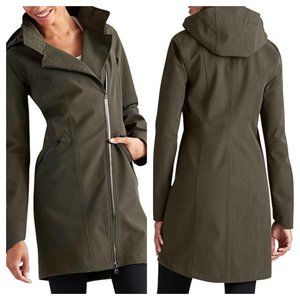 Athleta Wetlands Waterproof Camo Olive Green Hooded Rain Trench Coat Size Large